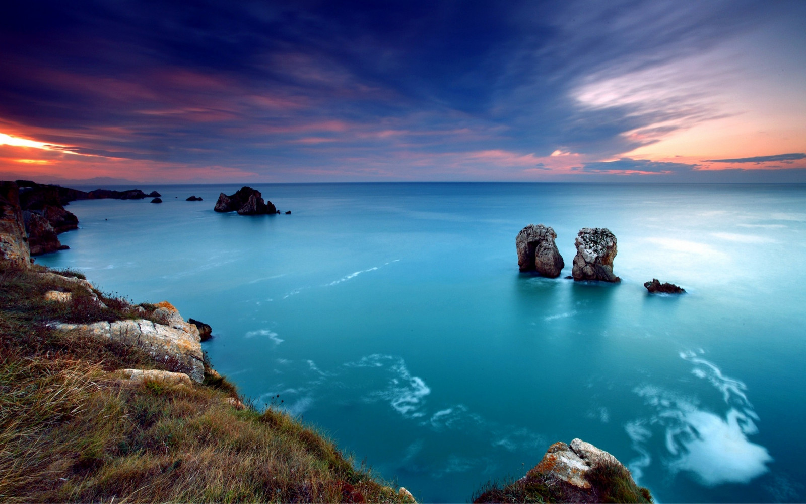 ocean, gulf, coast, blue water, lilac, evening