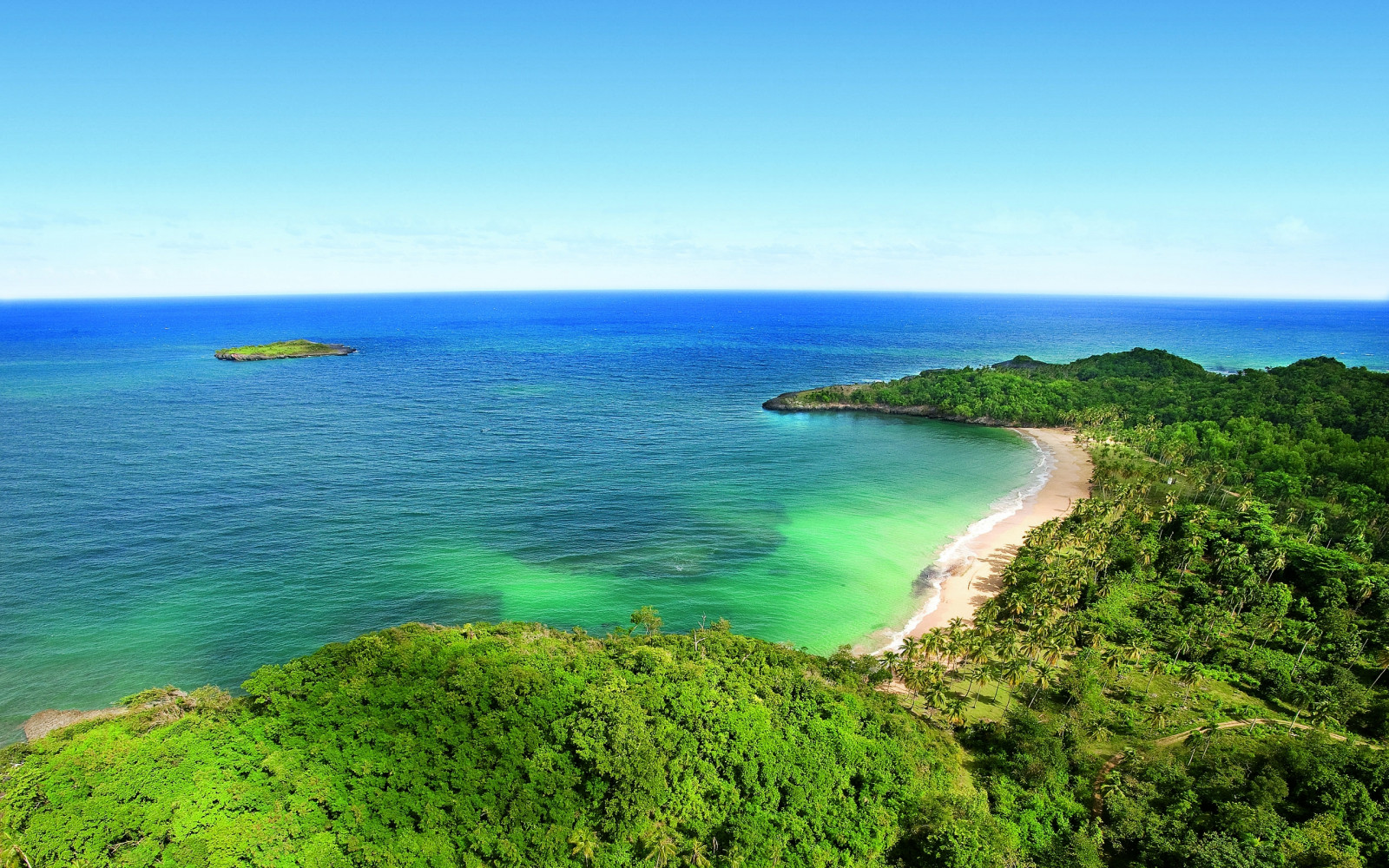 ocean, horizon, island, palm trees