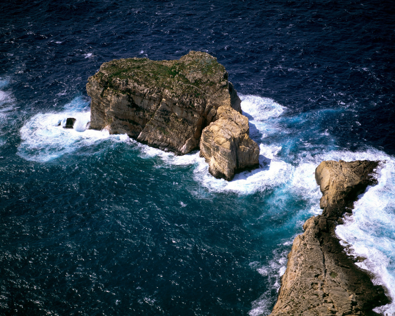 ocean, rocks, island, foam, from above