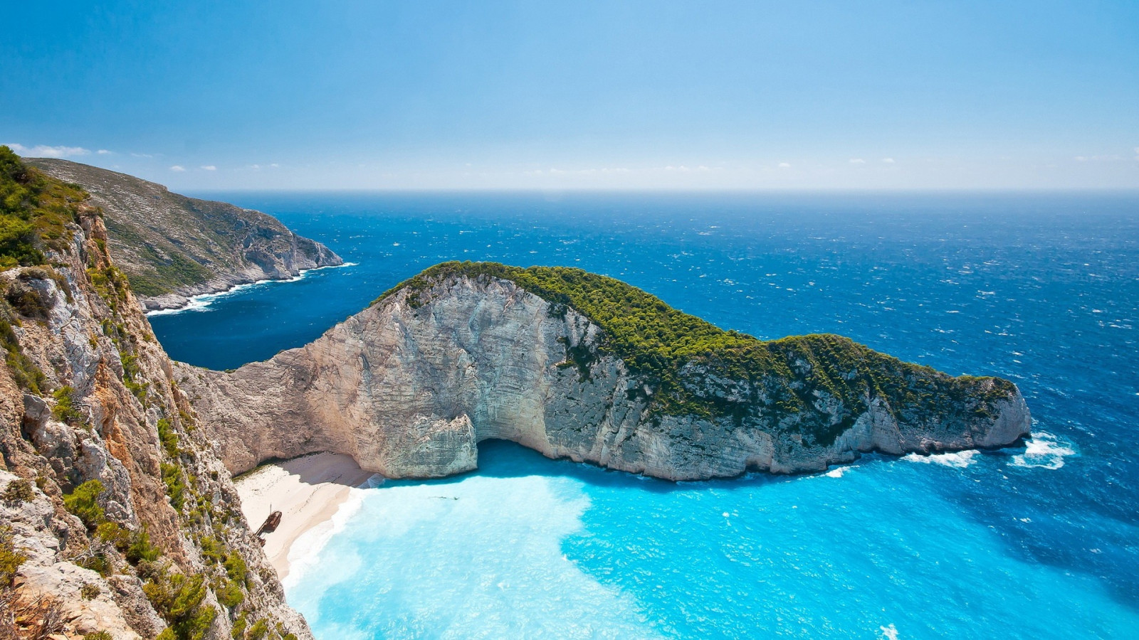 ocean, sky, mountains, rocks, grass