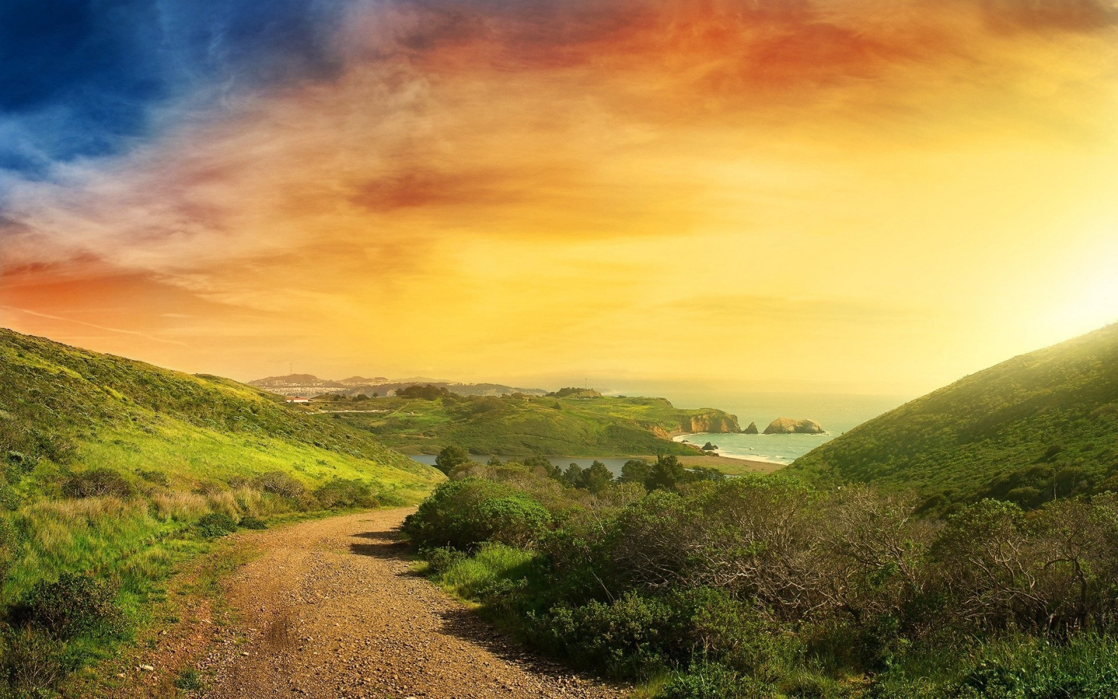 road, descent, coast, green, ocean