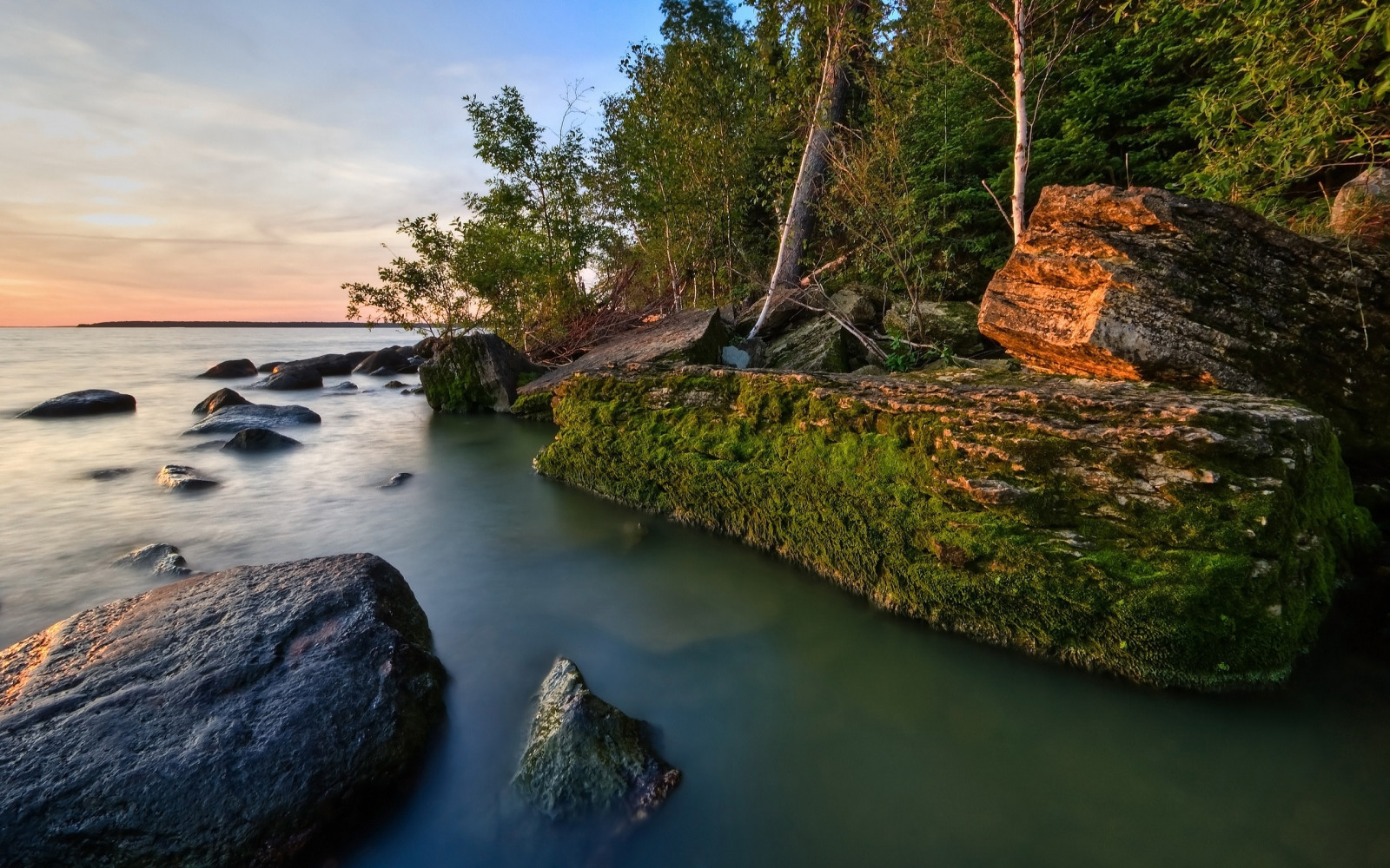 trees, landscape, sea, water, rock, nature, shore, reflection, sky, moss, evening, coast, cliff, rocks, Bank, Terrain, tree, ocean, cove, body of water