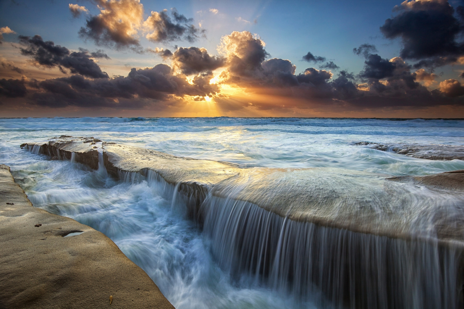 sea, ocean, coast, waves, current, decline, Sun, clouds, Twilight