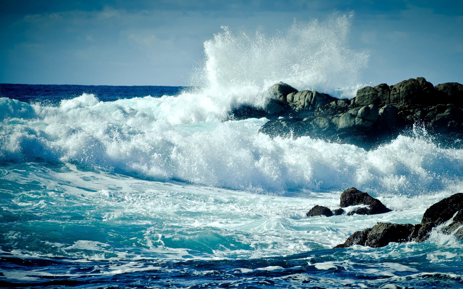 sea, ocean, splashes, rocks, dark blue, excitement