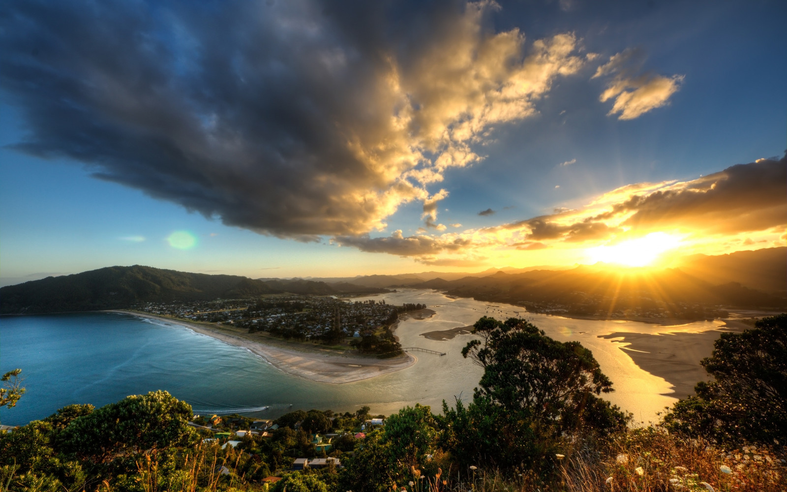 sky, decline, islands, land, ocean, Sun, light, from above, panorama, height