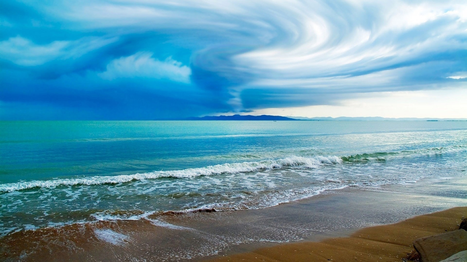 sky, Typhoon, clouds, funnel, coast, beach, sand, waves, ocean