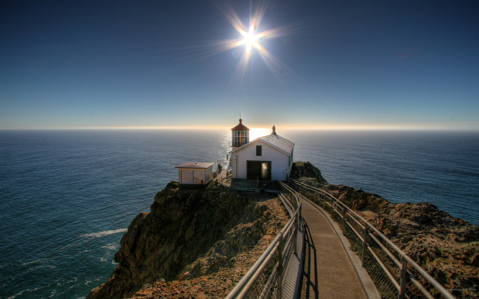 sunlight, mountains, sea, sky, road, calm, tower, coast, lighthouse, Sun, horizon, cape, Beacon, Terrain, ocean, promontory, headland, small house, fixed link