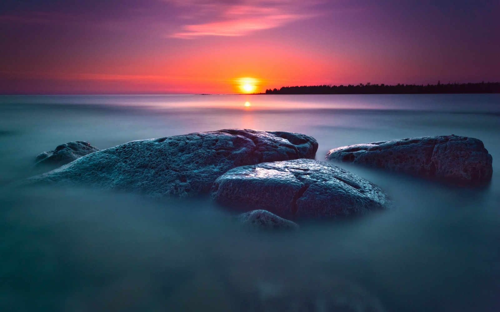 stones, decline, sea, ocean, fog, Sun