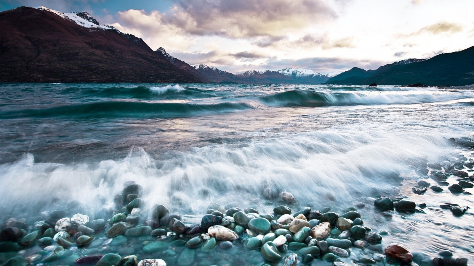 landscape, mountains, sea, water, rock, shore, sky, stones, calm, waves, coast, horizon, foam, cloud, ocean, wave, tide, computer wallpaper, body of water, wind wave, coastal and oceanic landforms