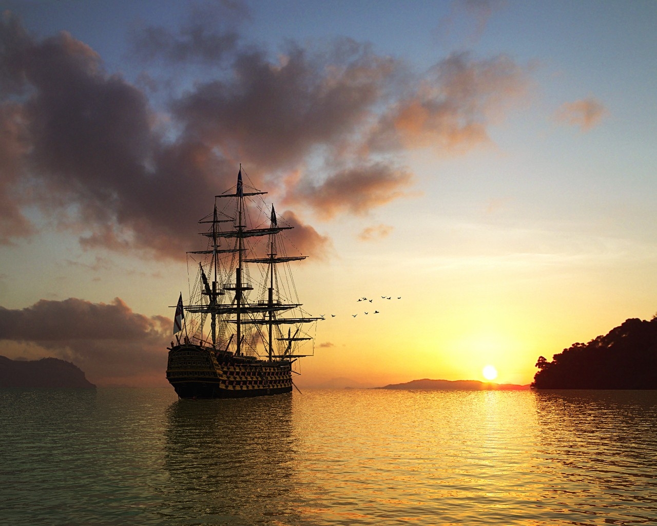 ship, sailing ship, birds, sunset, sea, sky, sunrise, calm, evening, morning, Sun, horizon, dusk, Brigantine, cloud, dawn, ocean, watercraft, barque, rising, afterglow, east indiaman, full rigged ship, carrack, ship of the line, galleon, caravel, brig, manila galleon, tall ship, windjammer, first rate