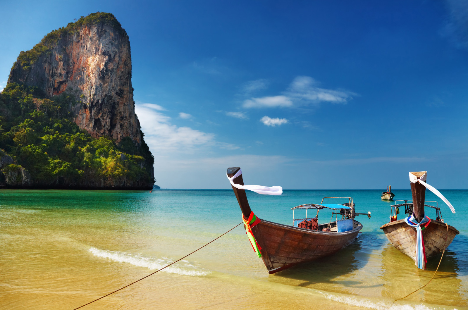 boat, sea, bay, shore, reflection, vehicle, beach, coast, tropical, island, cape, Thailand, Caribbean, vacation, ocean, boats, islet, long tail boat